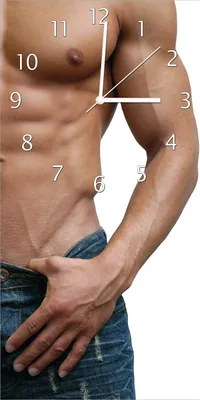 Produktbild von Wallario Design Wanduhr Halbnackter Mann mit Jeans aus Echtglas, Größe 30 x 60 cm