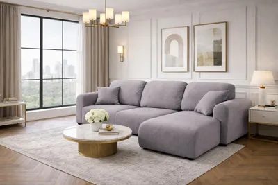 Image de Canapé d'angle avec fonction couchage et coffre de rangement, canapé en L Bingo L, tissu velours Salvador, gris, version droite