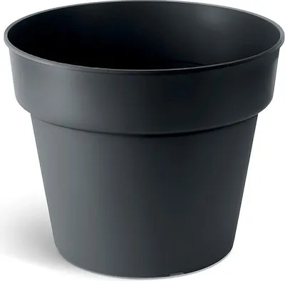 A dark gray plastic plant pot is shown against a white background.