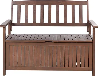 Zdjęcie produktu dla BELIANI Ławka ogrodowa ze schowkiem ciemne drewno akacjowe 120 x 60 cm siedzisko dla 2 osób na taras do ogrodu rustykalny styl