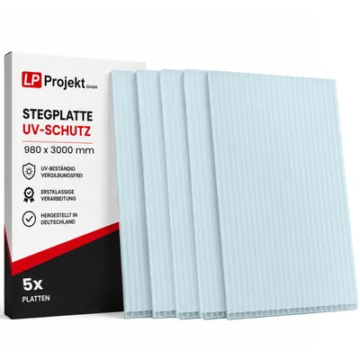 Produktbild von LP Projekt Kunststoff 5x Polycarbonat-Doppelwandplatten, 16/20-98 x 300 cm (14,7m²), klar und UV-beständig,extra stark, Mehrwandplatten für Dach