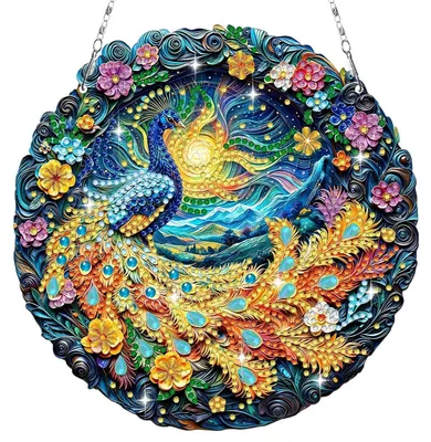 Zdjęcie produktu dla Zestaw do tworzenia obrazów diamentowych: zawieszka z motywem kwiatów i pawia, dekoracje okienne, zestaw do rękodzieła, wiszący ornament, dekoracja, prezent