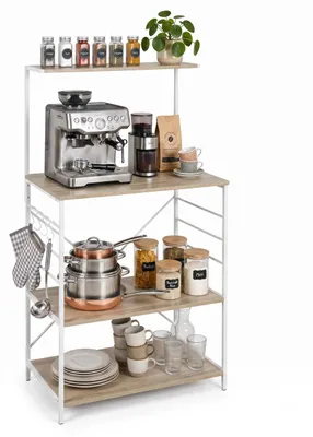 Productafbeelding van Relaxdays Keukenrek, 4 planken en haken, HxBxD: 123 x 60 x 40 cm, MDF, ijzer, houtlook, bakkerijrek, naturel/wit