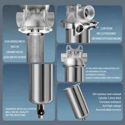 Image de Filtre à sédiments pour eau domestique - Préfiltre 10 pouces (25 cm), DN20 - 40 µm, tamis en acier inoxydable 316 - Débit de 8 litres/minute - Montage vertical - Fonctionnement sans électricité