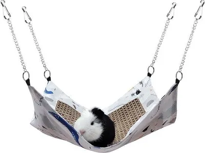 Imagen del producto de Hamaca para pequeños animales Unyqoos® de 35 x 35 cm, con diseño de doble cara (tela con estampado de dinosaurios y ratán trenzado), hamaca para dormir con 4 ganchos, ideal para cobayas, hámsteres y erizos