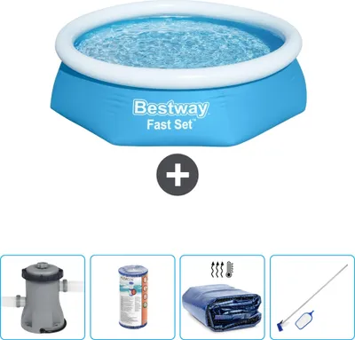 Produktbild von Bestway runder aufblasbarer Fast-Set-Schwimmpool – 244 x 61 cm – Blau – inklusive Pumpe Filter - Sonnensegel - Reinigungskit