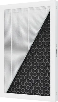 A close-up, angled view of a Bosch air filter with a section peeled back to reveal its internal layers.