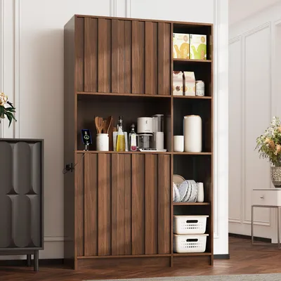 Produktbild von MODFU Küchenschrank mit LED-Vitrine,180cm Hochschrank mit Steckdose und USB,Aufbewahrungsschrank mit Auszug-Gewürzregal und Stauraum,Walnuss
