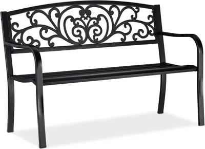 Produktbild von Relaxdays Gartenbank, bequemer 2-Sitzer, mit Vintage-Ornamenten, für Terrasse, Balkon, HxBxT 86,5 x 127 x 60 cm, schwarz