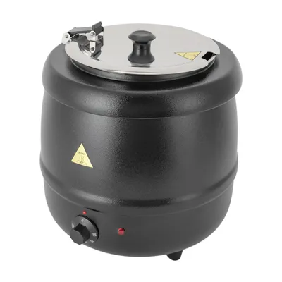 A black electric soup kettle with a silver lid is shown against a white background.