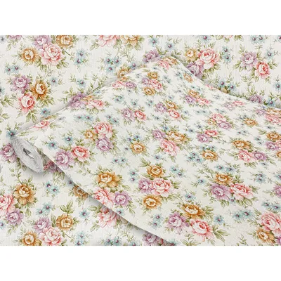 A roll of floral patterned wallpaper is shown.