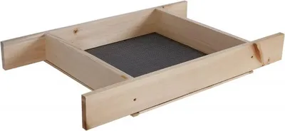 A wooden sieve with a mesh bottom, presented against a white background.