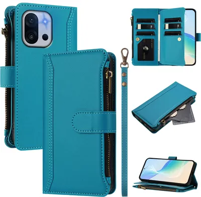 Image de Etui pour OnePlus 13T, zippé, portefeuille Etui à rabat en cuirPolyuréthaneavec poches pour cartes, support et dragonne Lake blue