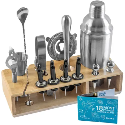 Produktbild von BlauKe® Cocktail Set 17 Teiliges – 750ml Edelstahl Cocktail Shaker Set – Barkeeper Set mit Rezeptbuch, Messbecher, Barlöffel, Sieb, Holzständer