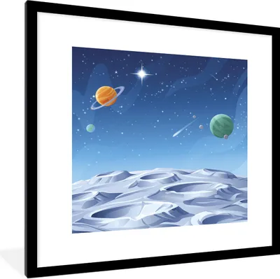 Produktbild von MuchoWow® Gerahmtes Poster Eine Illustration des Mondes zwischen den Planeten 40x40 cm - Poster mit Schwarzem Bilderrahmen Wandposter Rahmen Foto Bilder - Poster - Plakat im Rahmen