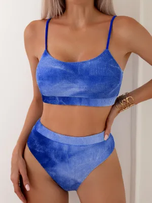 Produktbild von Damen Bikini Set U Ausschnitt High Waist Batik Regenbogen Tank Bikini Bademode Strukturiert Zweiteiliger Badeanzug Swimsuit, AHOO3