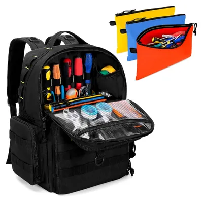 Produktbild von Werkzeugrucksack für Herren mit 3 kleinen Werkzeugtaschen, Organizer-Tasche zur Werkzeugaufbewahrung, taktische Arbeitswerkzeugtasche für Elektriker und Handwerker, Schwarz