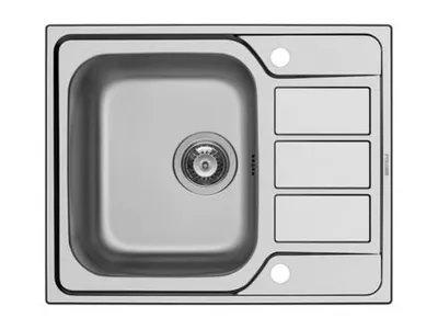 A top-down view of a stainless steel kitchen sink with a drainer and three compartments.