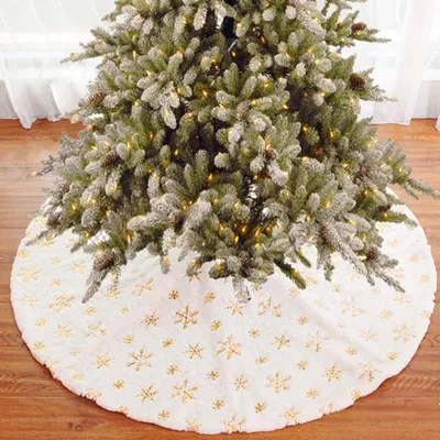 Weihnachtsbaumteppich, Plüsch, 80 cm, weiß, Schneeflocken, gold