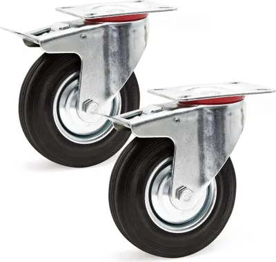 Produktbild von Wiltec Doppelstopp-Lenkrollen Set 2x Vollgummirad Transportrolle 125mm bis 100kg pro Rad mit Feststellbremse und Anbauplatte, leiser Lauf, Transportrollen Möbelrollen