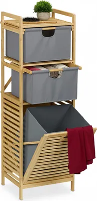 Produktbild von Relaxdays Wäschekorb, kippbarer Wäschesammler, 30 l, Ablage & 2 Schubladen, Bambus, Stoff, HBT: 120x40x33 cm, natur/grau