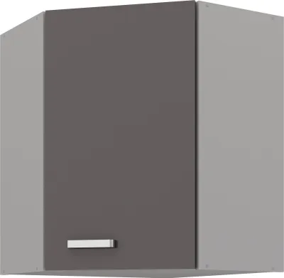 A corner wall cabinet with a dark gray door and light gray sides.