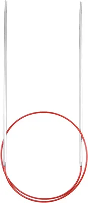 A pair of circular knitting needles with a red cable, isolated on a white background.