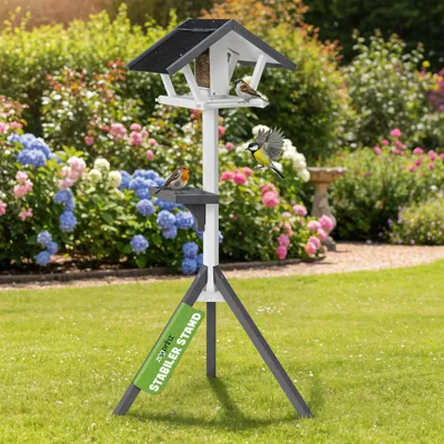 Produktbild von Vogelhaus mit Ständer zooprinz Bird Tower | Massivholz Kiefer | 120 cm Höhe | Futtersilo & Bitumendach | Wetterfest Weiß-Grau