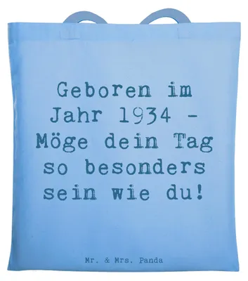 Produktbild von Mr. & Mrs. Panda Tote Bag Spruch 1934 Geburtstag - Sky Blue - Geschenk, handgefertigte Geschenke, Happy Birthday, Geboren im Jahr, Jutebeutel, Geburtstagswünsche, Alter