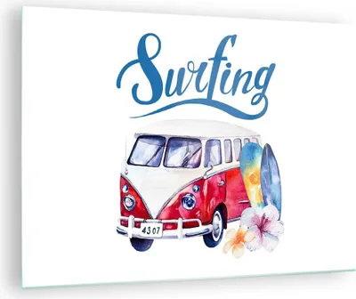 Produktbild von Bilder auf glas - Aquarell Surfbrett Palme Bäume - 70x50cm - Glasbilder - Wandbilder - Kunstdruck - zum Aufhängen bereit - Wanddekoration aus Glas - Glas Bilder - Wandbild auf Glas - GAA70x50-3112