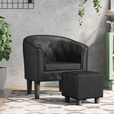 Produktbild von Clubsessel mit Fußhocker aus schwarzem Kunstleder, moderner Sessel mit Knopfheftung und bequemer PolyurethanPolsterung für Wohnzimmer und Büro