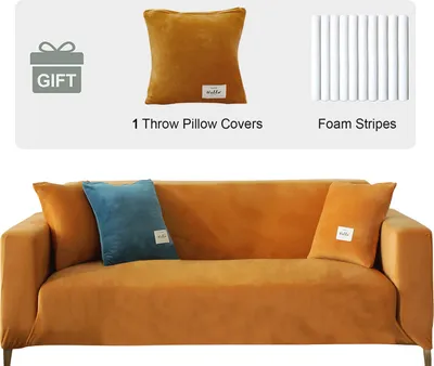 Obrázek produktu pro Sametový potah na pohovku 3 Seater- Soft Stretch Couch Cover Anti Slip Sofa Cover Plush Sofa Slipcovers with 1 Cushion Cover for Living Room, Orange, 3 Seater