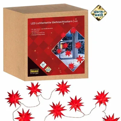 Produktbild von Idena Lichterkette Weihnachtsstern 10 LED Sterne Ø12cm warmweiß rot 7,7m 8h Timer