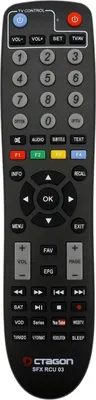 A black remote control with various buttons and labels.
