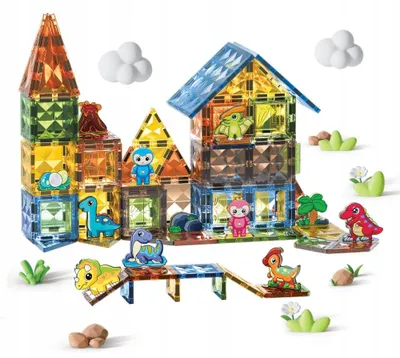 Produktbild von Magnetbausteine Dinosaurier Set – 54 Teile (42 Magnetblöcke + 12 Dino-Figuren) – Magnetisches Konstruktionsspielzeug für Kinder ab 3 Jahren