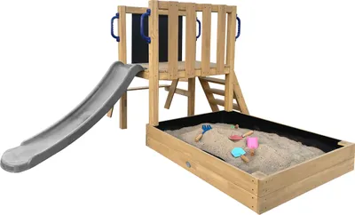 Produktbild von AXI Leah Mini Spielturm aus Holz in Braun mit grauer Rutsche | Kleiner Spielturm für Kinder mit Sandkasten, Picknicktisch und Kreidetafel | Spielgerät für den Garten