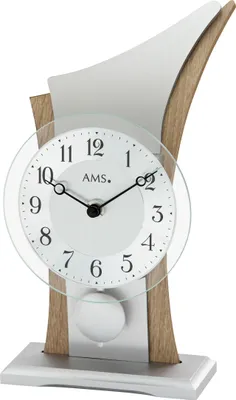 Produktbild von AMS 1139 Tischuhr Quarz mit Pendel silbern Sonoma Optik geschwungen mit Glas