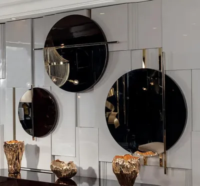 Immagine prodotto di Specchio rotondo, mobili da soggiorno, design arredamento in legno marrone, montaggio a parete