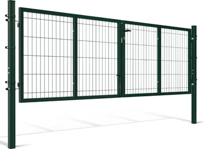 Zdjęcie produktu dla Podwójna brama ogrodowa Izrielar, zielona, 300 x 100 cm, w zestawie z klamką, zamkiem, kluczami i blokadą podłogową – furtka ogrodowa, brama wjazdowa, drzwi podwórkowe, rura kwadratowa