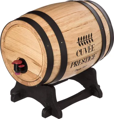 A wooden wine barrel with a tap, resting on a black wooden stand.