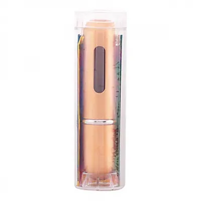 A gold colored perfume atomizer in a clear plastic case, presented against a white background.