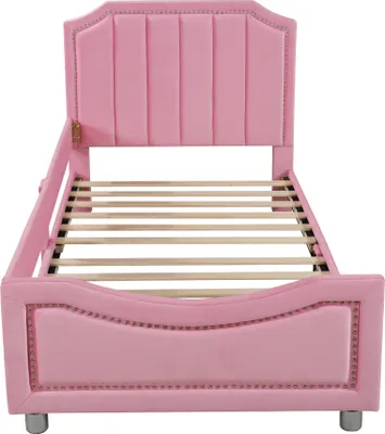 Produktbild von Merax Polsterbett 90x200cm Tagesbett, Samt Kinderbett mit Rückenlehne, Jugendbett Einzelbett Gästebett Schlafsofa Sofabett, Rosa