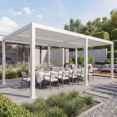Produktbild von Pergola MCW-L46, Gartenpavillon Lamellen-Pavillon, 11cm-Aluminium-Gestell, Regenrinne sturmfest, 3x6m  weiß