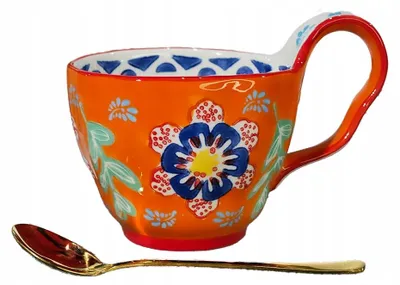Productafbeelding van Boho mok met lepel Handgeschilderde bloemen Porselein Grote 550ml SINAASAPPEL