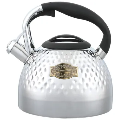 A stainless steel whistling kettle with a hammered finish and a black handle, shown against a white background.