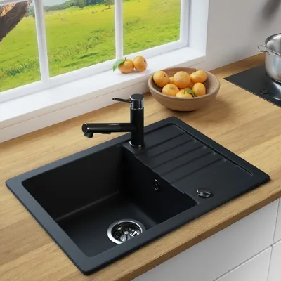 Produktbild von MIT ARMATUR - Rein Schwarz LINDBERGH® Granit Spüle "SIM44" + "1-Nero" Einbauspüle Küchenspüle Spülbecken