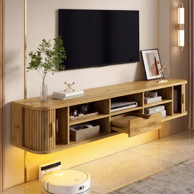 Immagine prodotto di Mobile sospesa per TV Merax con illuminazione a LED, pensile per TV con ante scorrevoli e maniglie in metallo dorato, mobile basso per TV con finitura effetto venatura in MDF, color naturale