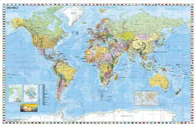 Produktbild von Weltkarte deutschsprachig. Wandkarte mit Flaggenrand