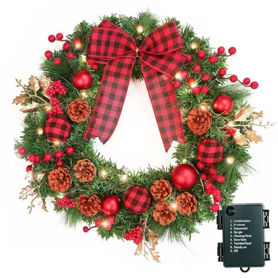Zdjęcie produktu dla Wieniec świąteczny "Türkranz" o średnicy 40 cm, z 30 diodami LED, ozdobiony bombkami, jagodami i kokardami