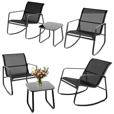 Image de JUMI : Ensemble de mobilier de jardin comprenant 2 fauteuils, 2 chaises berçantes, et une table avec plateau en verre, le tout en textiline